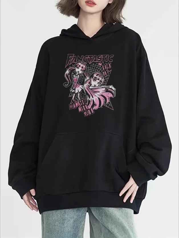 Women's Casual Hoodie With Monster Cartoon Print, Kangaroo Pocket - Cozy Long Sleeve Pullover