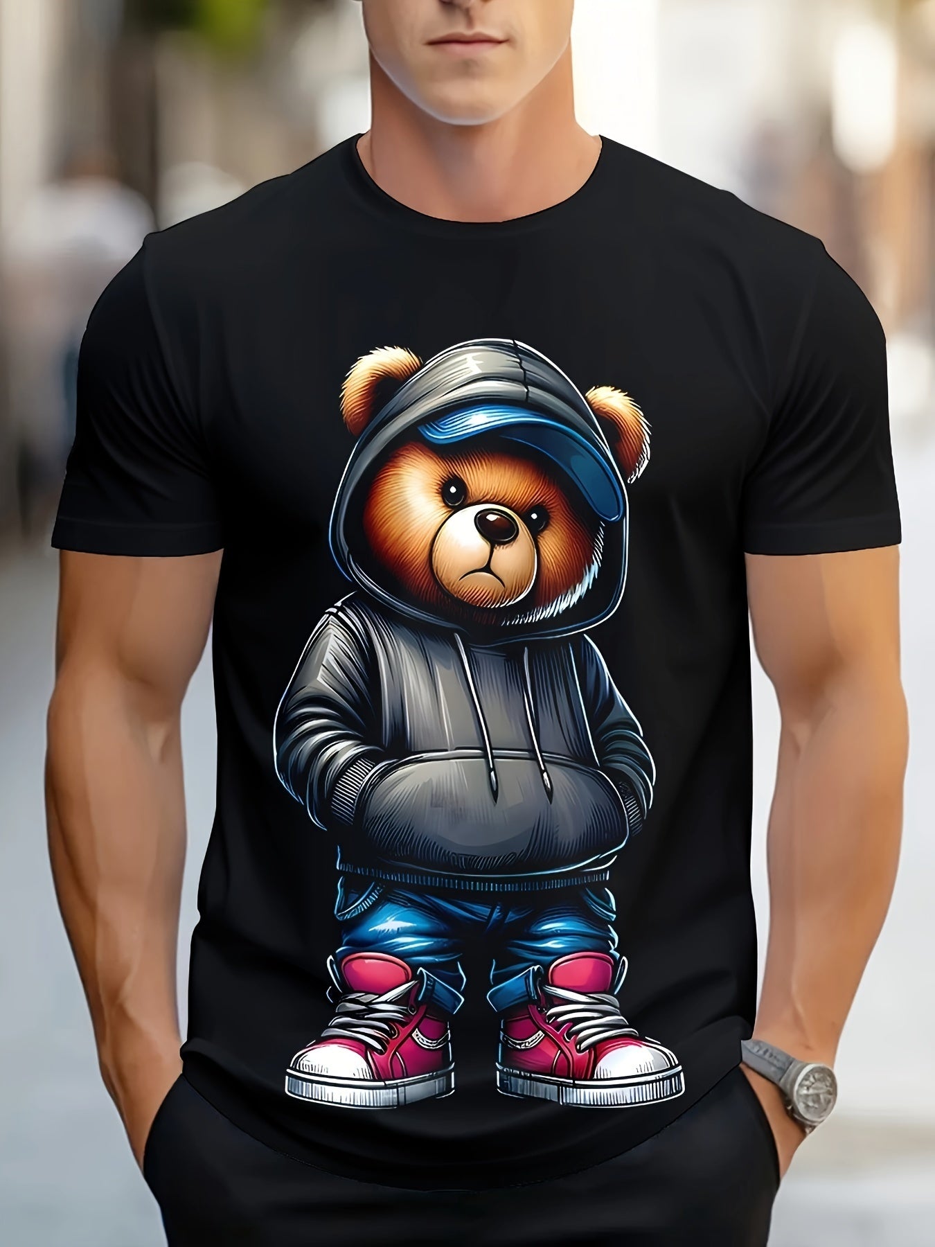 Men's Graphic T-Shirt - Retro Geometric Bear Design for Casual Outings