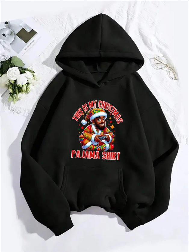 Christmas Pajama Print Hoodie For Women, Casual Long Sleeve Pullover With Kangaroo Pocket, Machine Washable, All-Season Hooded Sweatshirt