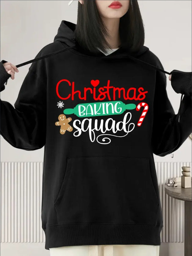 Christmas Baking Squad Printed Hoodie - Relaxed Fit, Classic Crew Neckline - Perfect For Fall And Winter Season, Ideal For Casual Outings And Daily Wear, Trendy And Fashionable Apparel