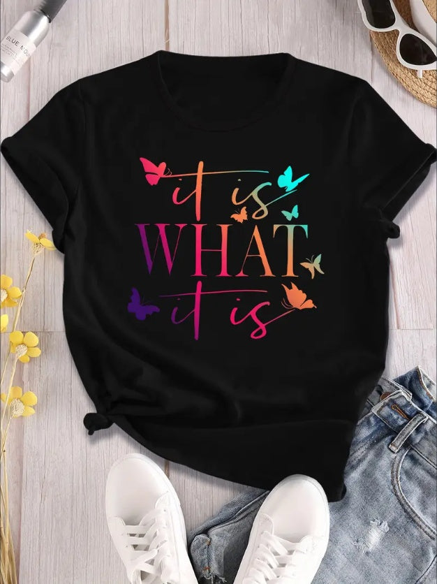Alphabet Butterfly Gradient Print T-Shirt For Women - Casual, All-Season Knit Fabric, Short Sleeve, Round Neck, Regular Fit, H-Shape, Pullover Style, No Bra Pad