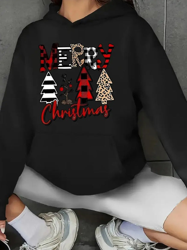Women's Casual Knit Polyester Hoodie With Merry Christmas Tree Print, Long Sleeve Hooded Sweatshirt With Kangaroo Pocket For Fall Winter