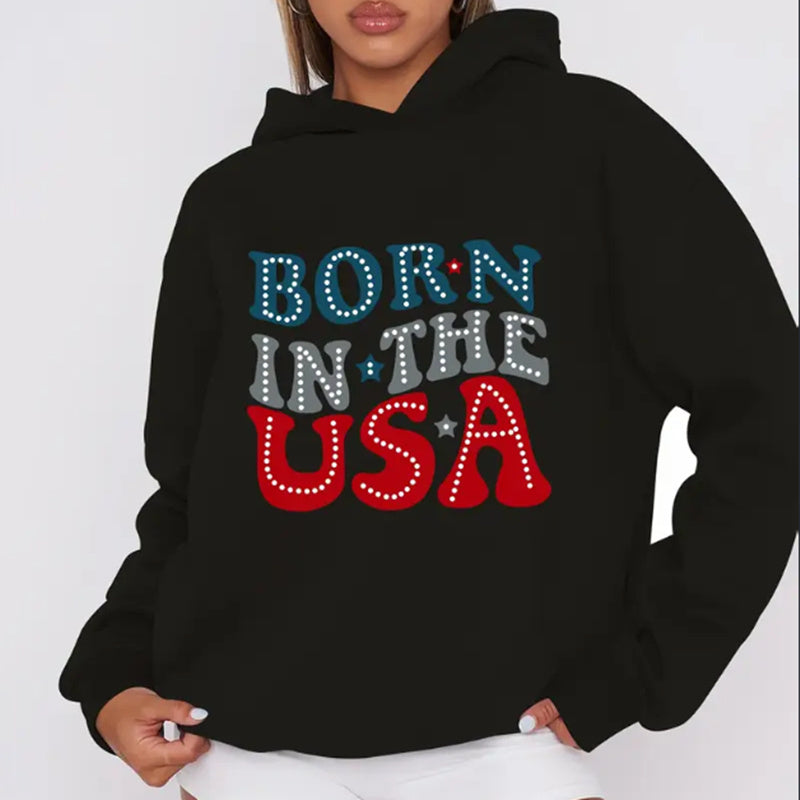 Women'S Casual Hoodie With Born In The USA Letter & Graphic Print - Rib-Knit Hooded Sweatshirt For Fall Winter - Patriotic Slogan Pullover With Drawstring