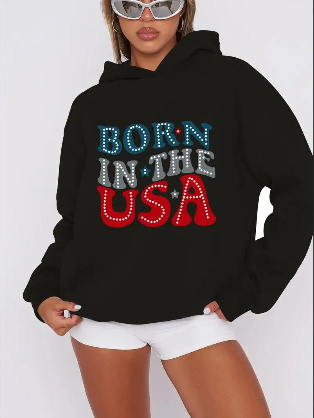 Women'S Casual Hoodie With Born In The USA Letter & Graphic Print - Rib-Knit Hooded Sweatshirt For Fall Winter - Patriotic Slogan Pullover With Drawstring