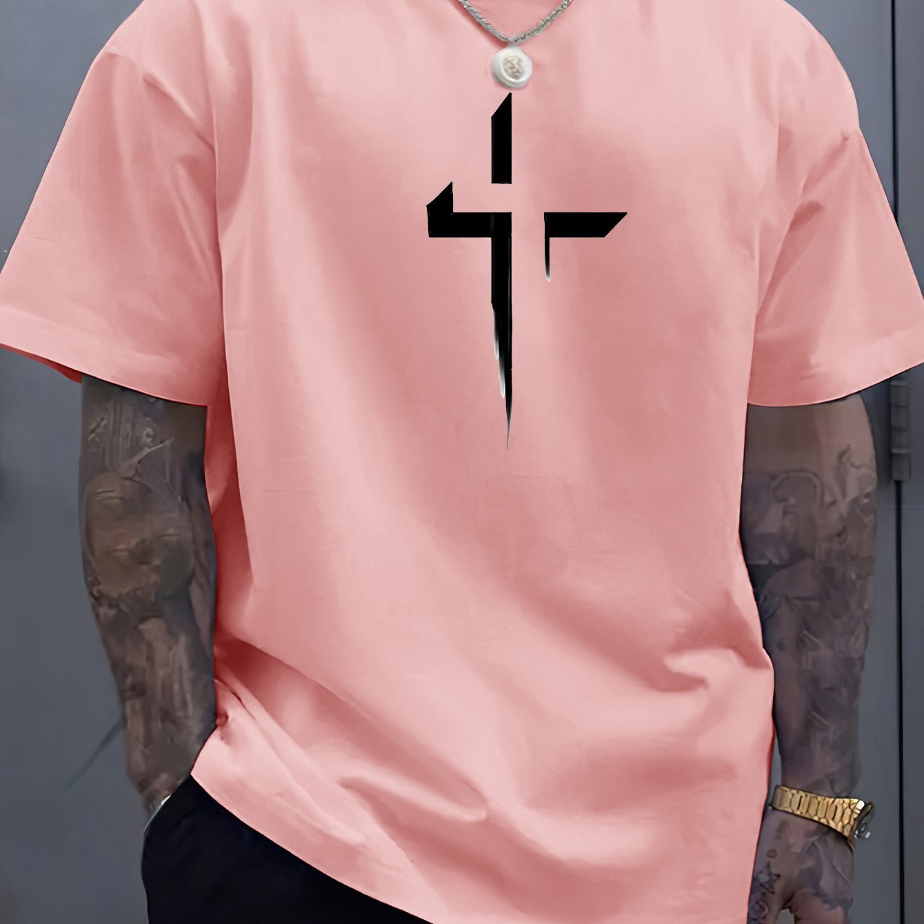 Cross Creative Printed Men's Casual T-shirt, Summer Fashionable Round Neck Short Sleeved Top, Men's Modern Street Style