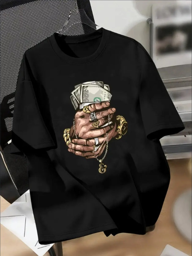 Men's Graphic T-Shirt - Money Hands Print Casual Tee for Boys