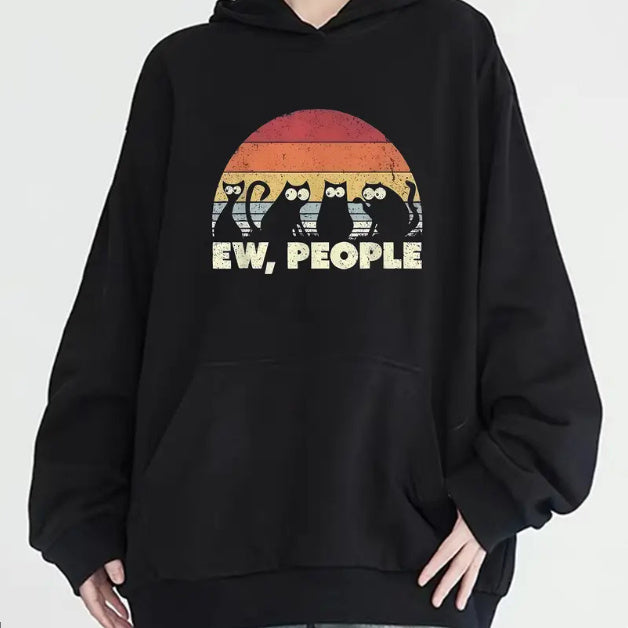 Women's Casual Cat Graphic Printed Hoodie With Kangaroo Pocket, Long Sleeve, Hooded Neck - All Season Relaxed Fit Pullover Sweatshirt