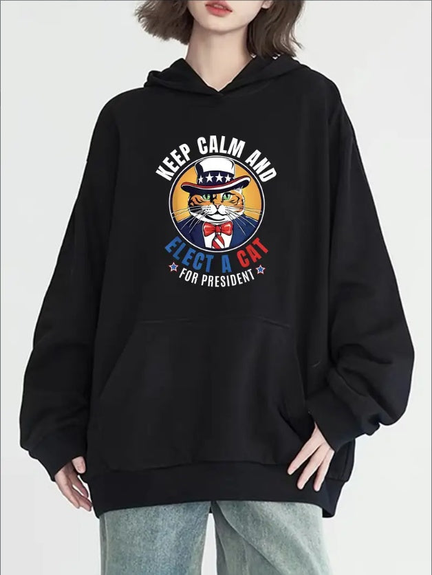 Women's Casual Hoodie With Cool Cat Print - Long Sleeve, Round Neck With Pockets, Cozy Pullover For Fall & Winter