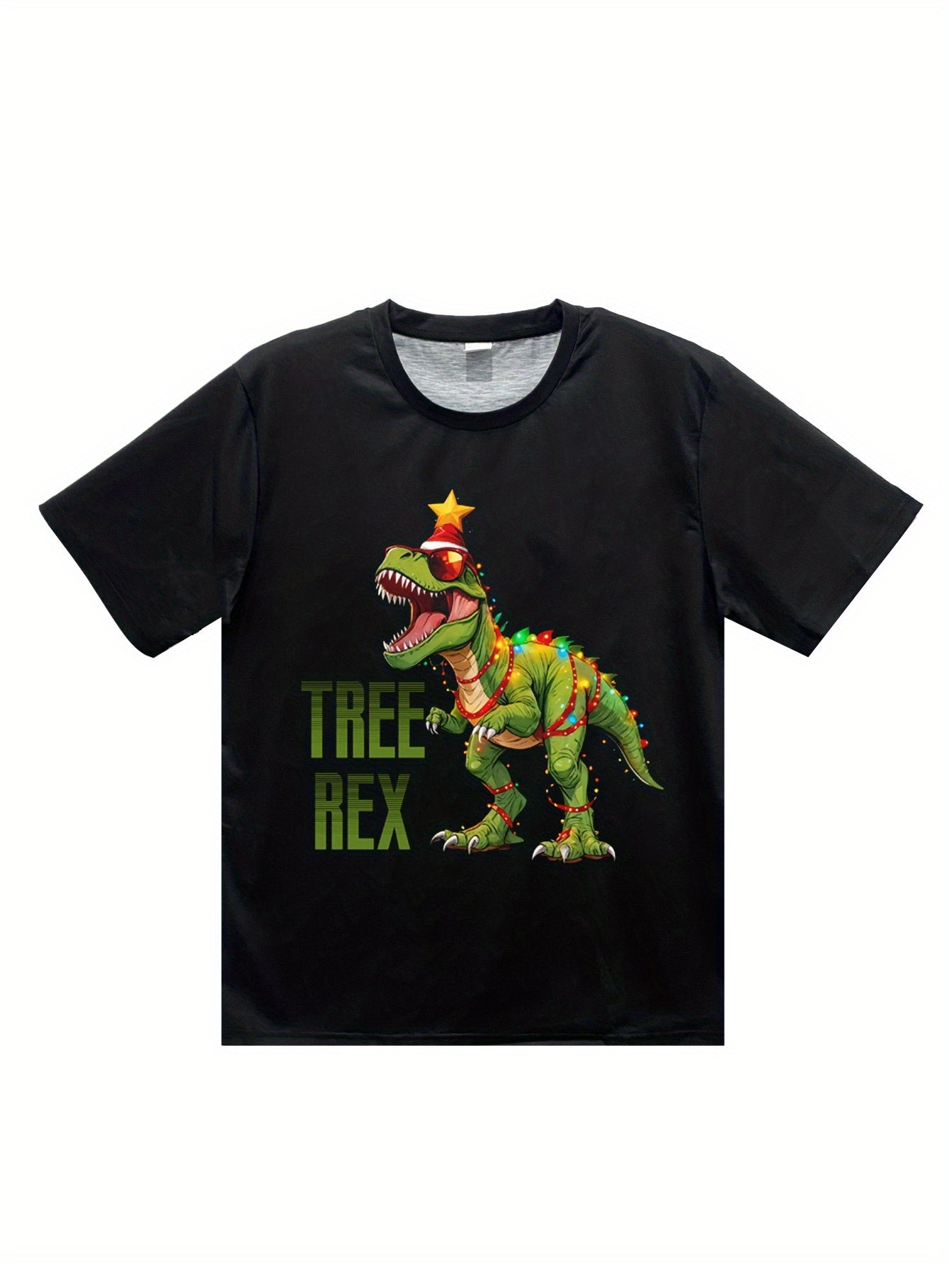 Men's Graphic T-Shirt - 3D Printed Dinosaur Christmas Tree Design