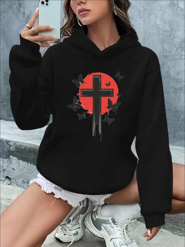 Women'S Casual Hoodie With Graphic Print - Rib-Knit Hooded Sweatshirt With Alphabet, Animal, And Architectural Patterns For Fall Winter - Knit Fabric Hooded Top With Drawstring