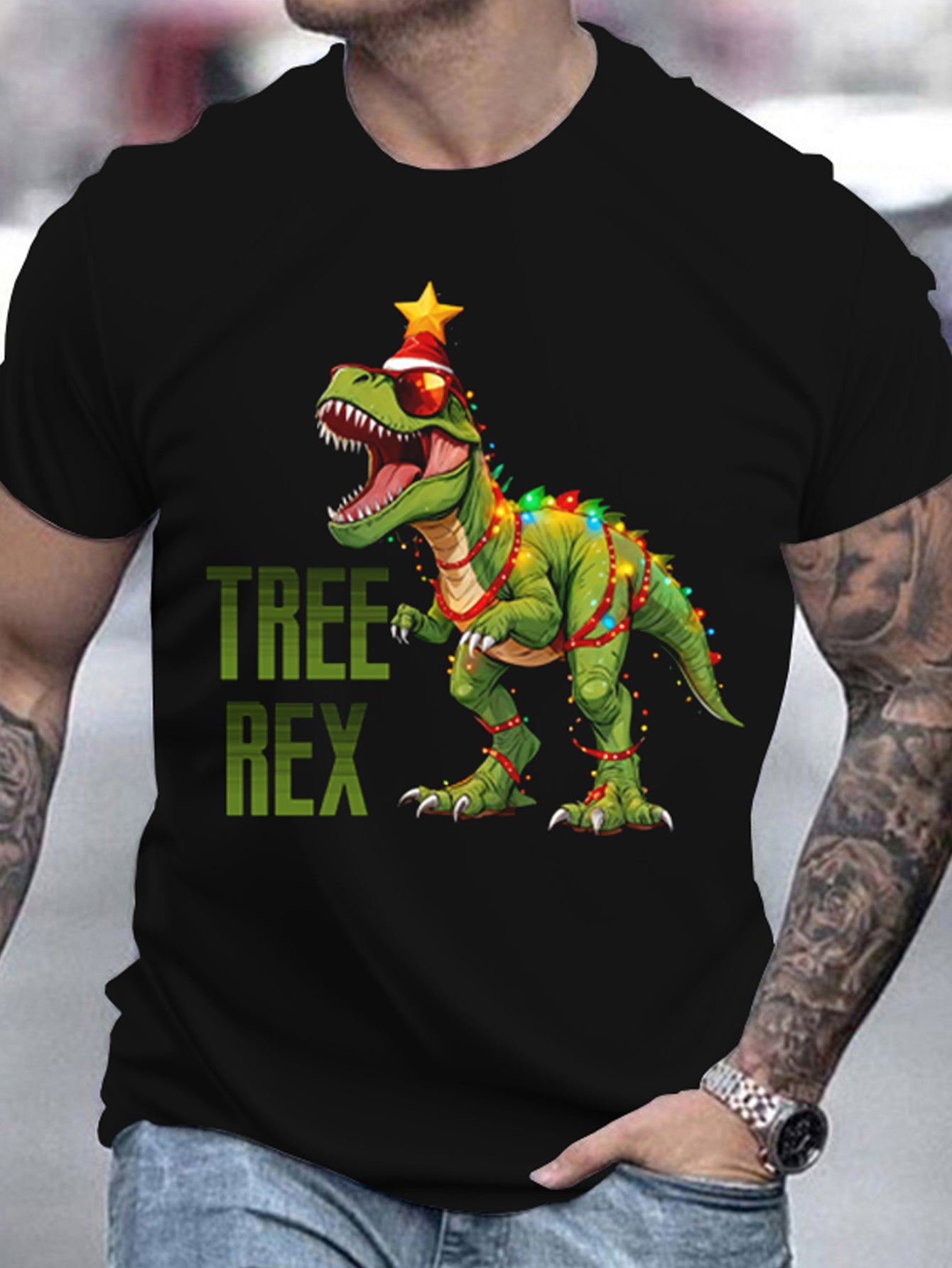 Men's Graphic T-Shirt - 3D Printed Dinosaur Christmas Tree Design