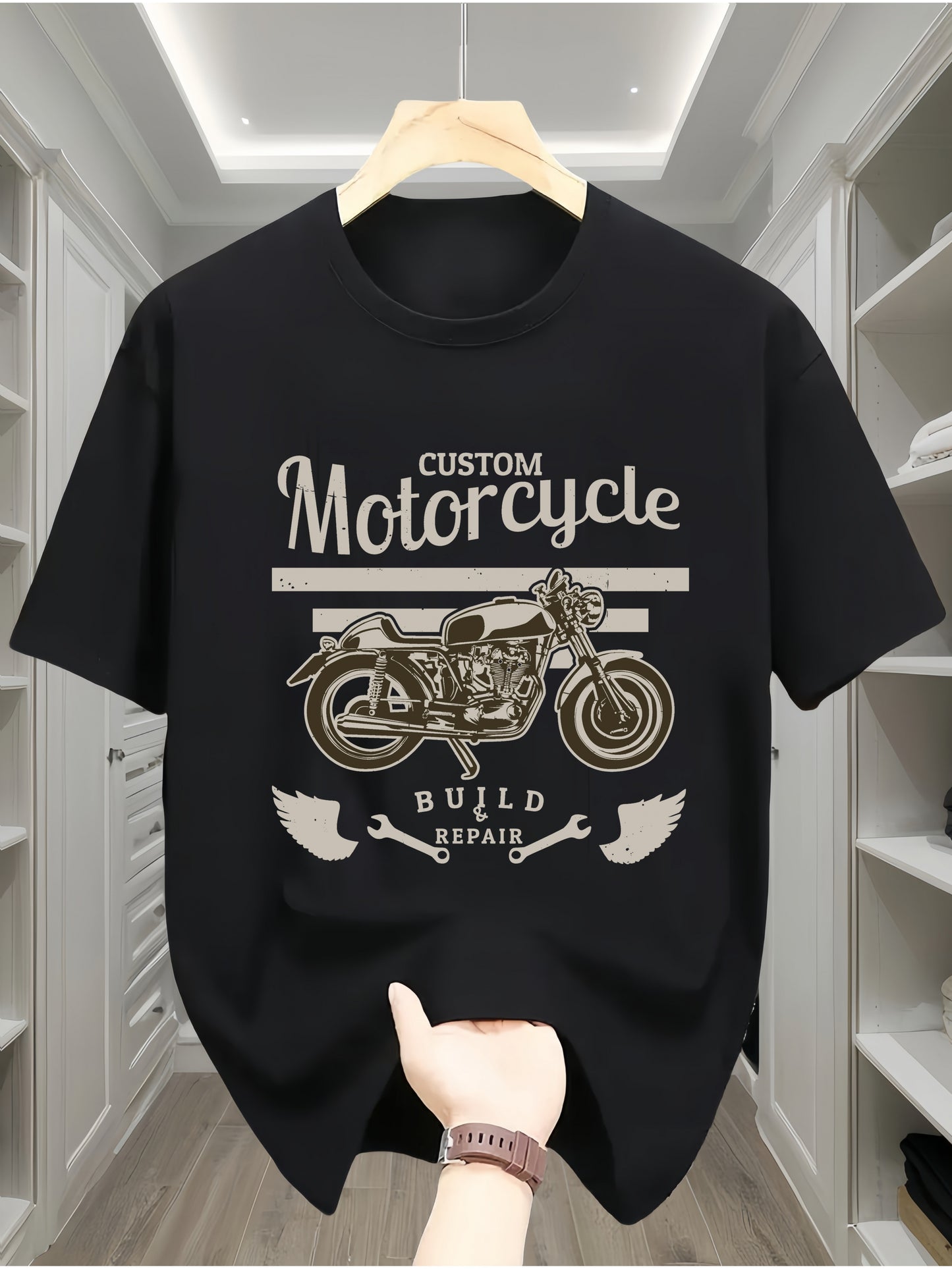 Casual Round Neck T-shirt With Motorcycle Pattern, Geometric Pattern, Short Sleeved Knitted Fabric, Comfortable All Season Wear, Regular Teenage Style - Motorcycle Letter Print Design