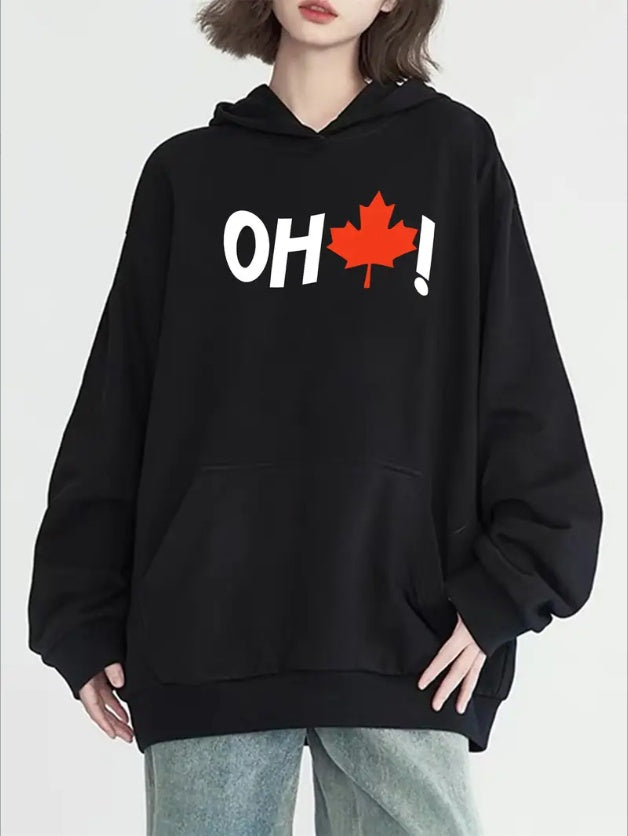 Women's Casual Hoodie With Canadian Maple Leaf Print, Kangaroo Pocket - Cozy Long Sleeve Pullover