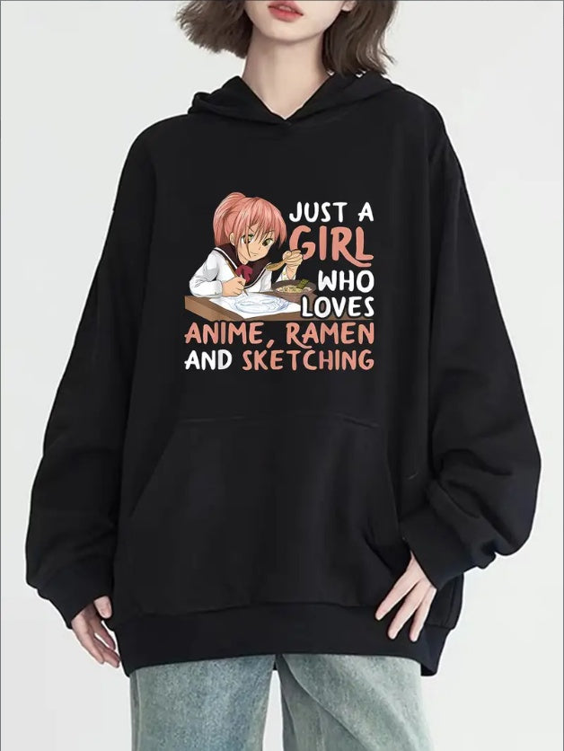 Anime & Sketching Themed Hoodie For Women - Casual Pullover With Hood, Long Sleeves, Solid Color & Front Pocket For All Seasons