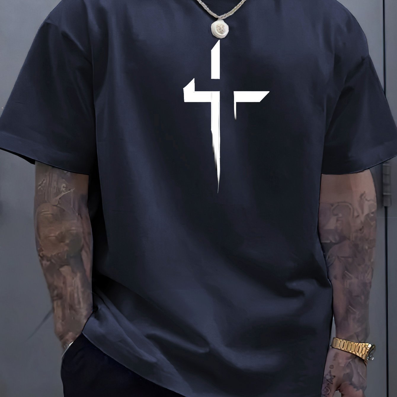 Cross Creative Printed Men's Casual T-shirt, Summer Fashionable Round Neck Short Sleeved Top, Men's Modern Street Style