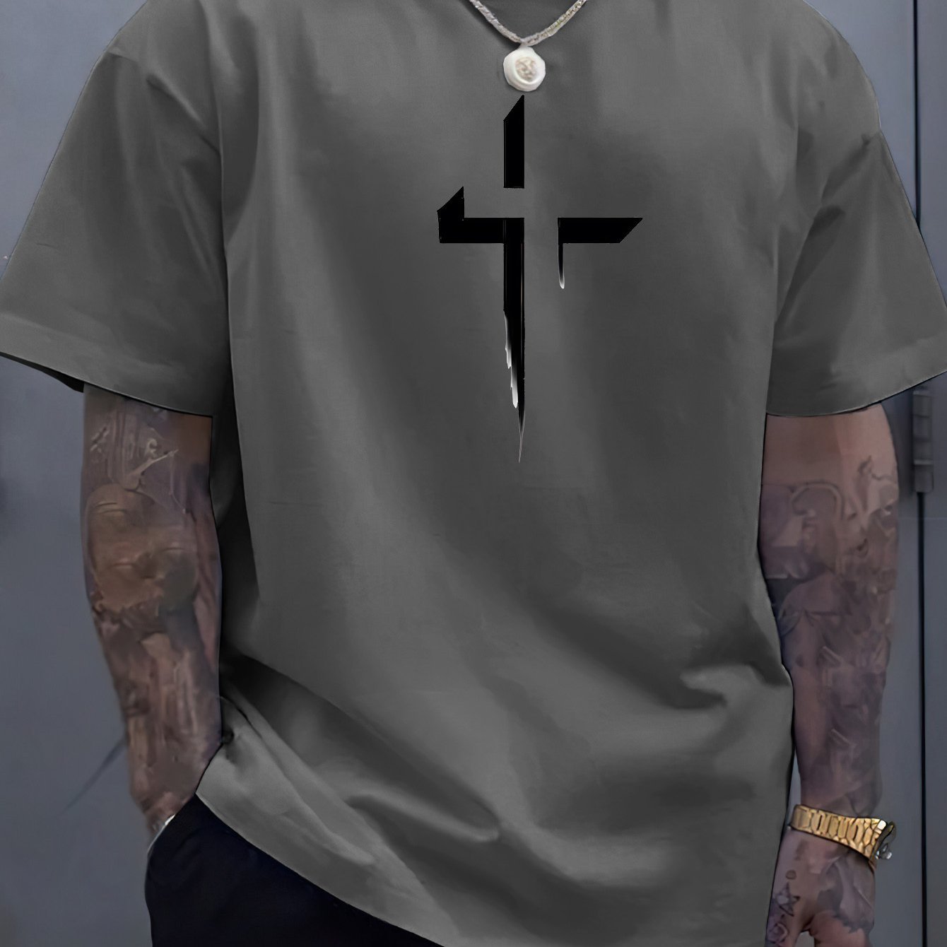 Cross Creative Printed Men's Casual T-shirt, Summer Fashionable Round Neck Short Sleeved Top, Men's Modern Street Style