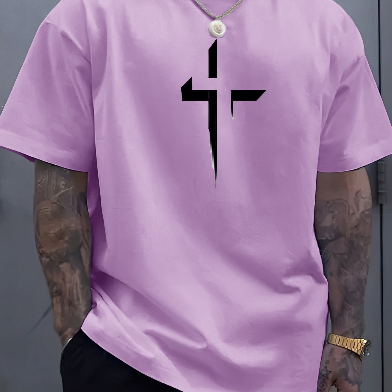 Cross Creative Printed Men's Casual T-shirt, Summer Fashionable Round Neck Short Sleeved Top, Men's Modern Street Style