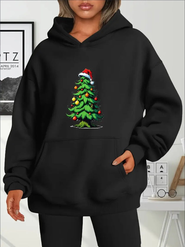 Dooleck Oversized Christmas Tree Hoodie For Women - Casual Pullover With Long Sleeves, Festive Holiday Print, Knit Hooded Sweatshirt, Loose Fit For All Seasons, Ideal Christmas Gift