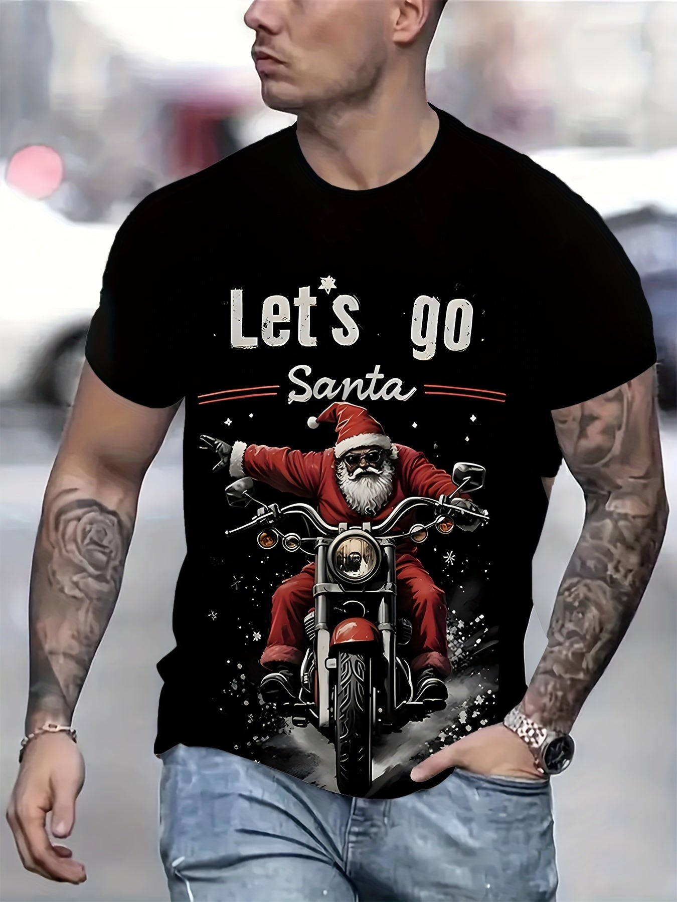 Men's Graphic T-Shirt - 3D Christmas Motorcycle Print for Casual Wear