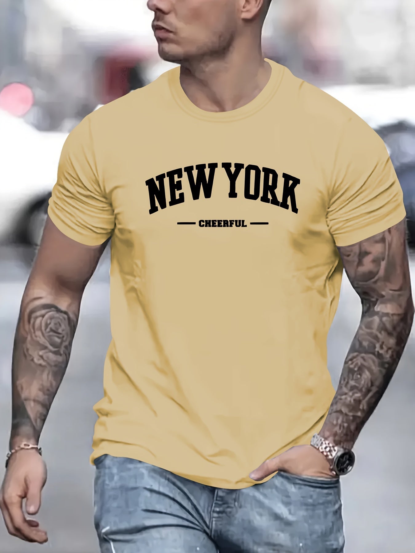 Men's New York Creative Printed Casual Novelty T-shirt, Short Sleeved Summer&spring Top, Comfortable Fit, Fashionable Street Casual Round Neck T-shirt, Suitable For Daily Wear