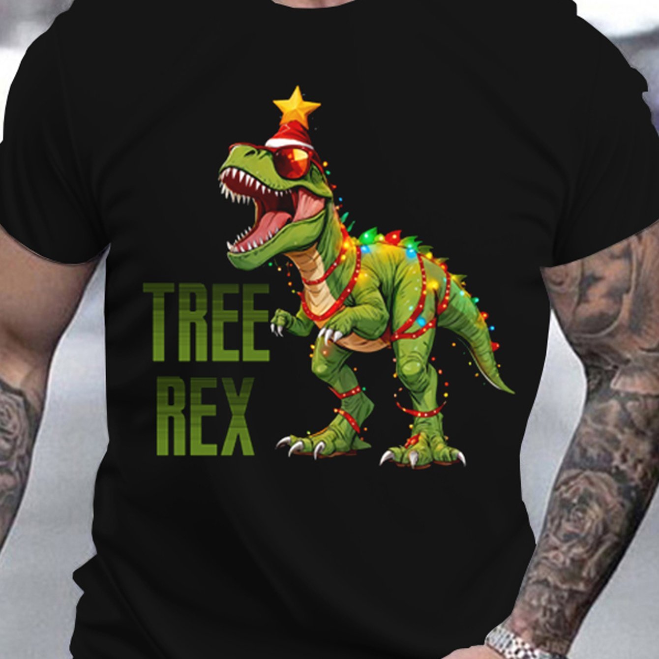 Men's Graphic T-Shirt - 3D Printed Dinosaur Christmas Tree Design