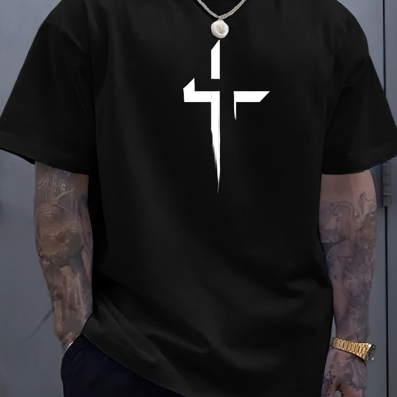 Cross Creative Printed Men's Casual T-shirt, Summer Fashionable Round Neck Short Sleeved Top, Men's Modern Street Style