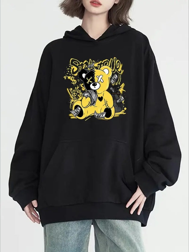 Women'S Fashion Bear Print Hoodie, Long Sleeve, Crew Neck, With Pocket, Casual Pullover Sweatshirt, All-Season