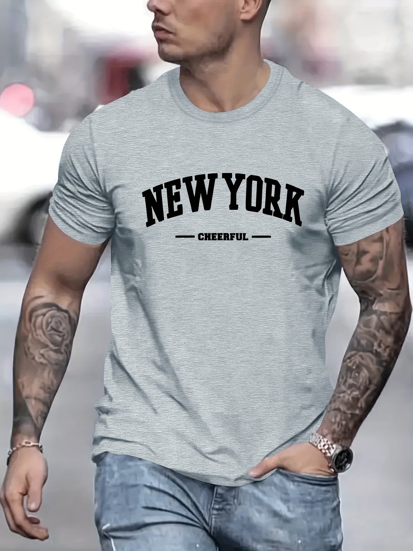 Men's New York Creative Printed Casual Novelty T-shirt, Short Sleeved Summer&spring Top, Comfortable Fit, Fashionable Street Casual Round Neck T-shirt, Suitable For Daily Wear