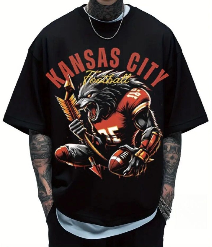 Men's Graphic T-Shirt - Large Size KC Football Crew Neck Tee