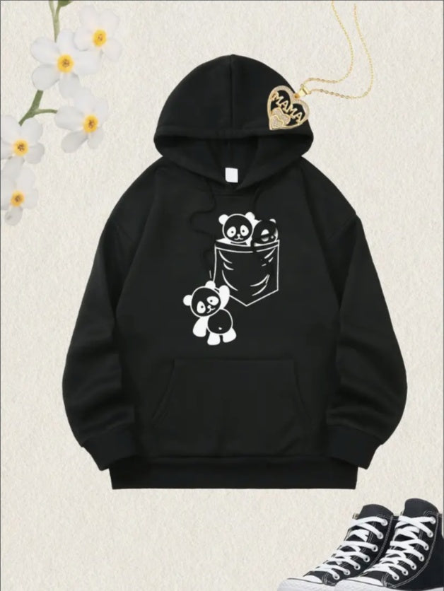 Women'S Christmas Panda Print Hoodie, Casual Pullover Long Sleeve Hooded Sweatshirt With Pocket, Fashionable All-Season Hooded Top For Adults