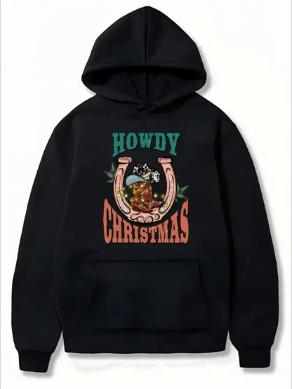 Women'S CasualChristmas Hoodie With Cowboy Hat Horseshoe Howdy Print, Long Sleeve Pullover With Drawstring And Pockets, Regular Fit Knit Fabric Hooded Sweatshirt For Fall Winter