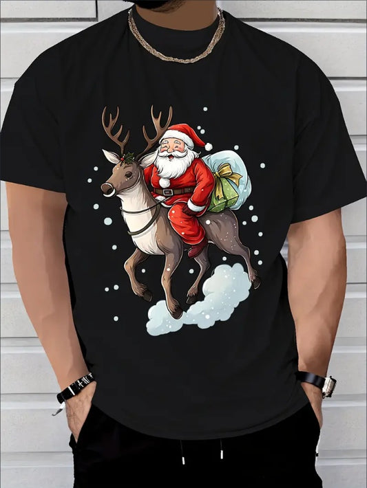 Men's Santa & Reindeer Print Christmas T-Shirt - Pure Cotton, Crew Neck, Casual Fit With Slight Stretch, All-Season Comfort