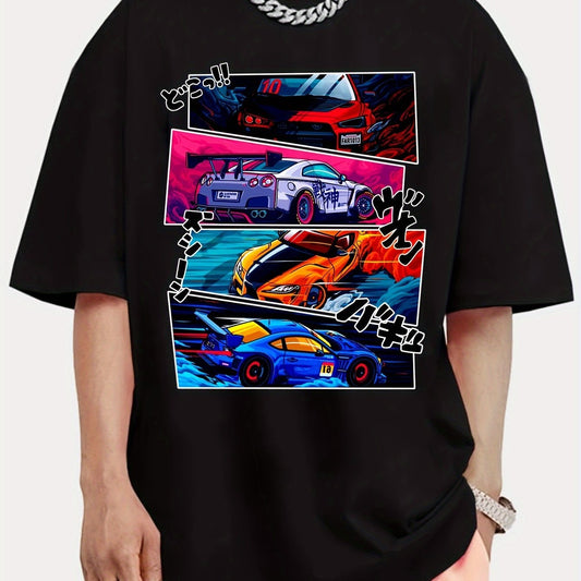 Men's Street Style Short Sleeved Round Neck T-shirt With Summer Outdoor Sports Car Pattern Print
