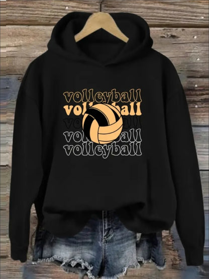 Women's Casual Hoodie With Volleyball Lettering And Graphic Print,  Sweatshirt With Ribbed Hood And Hem, Unisex Fall Winter Sports Hoodie
