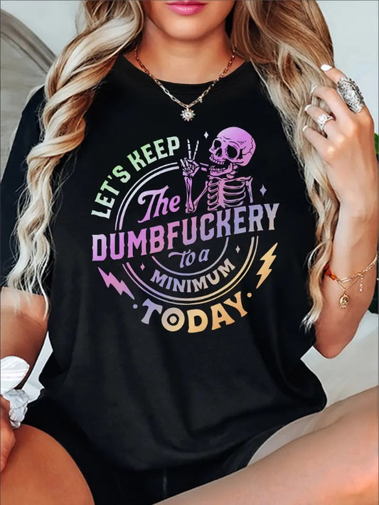 Relaxed Fit Short Sleeve Women's T-Shirt, Colorful Skeleton Print Round Neck Casual Sports Tee For Spring & Summer Everyday Top