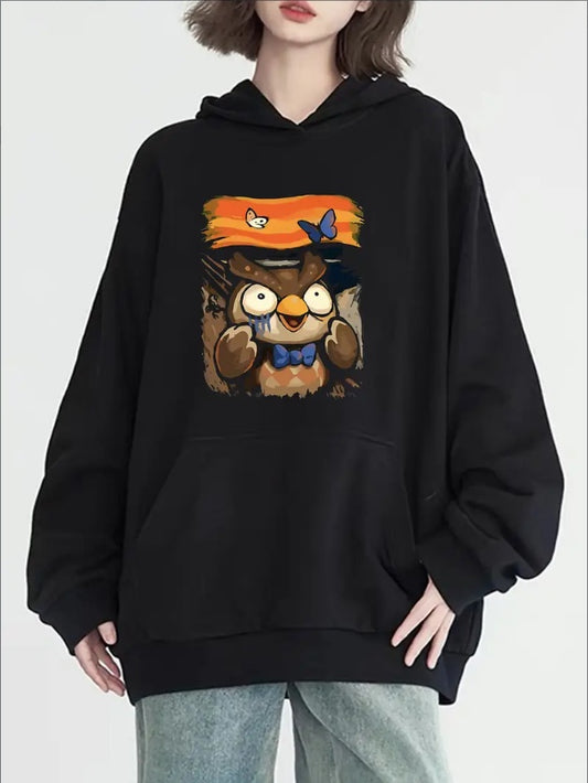 Women's Casual Owl Print Hoodie - Surprise Cat Owl Pattern, Long Sleeve, Hooded Neck With Pocket, Solid Color Pull-Over Sweatshirt For All Seasons