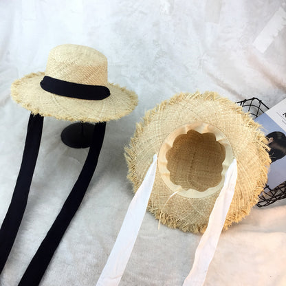 Flat-top raffia large-edge burred cotton ribbons with sunshade and sunscreen straw hat vacation beach hat tide