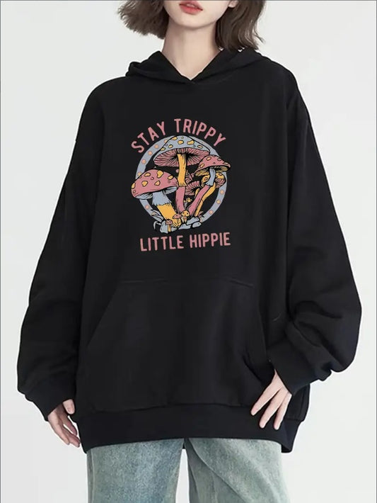 Chic Pink Mushroom Print Hoodie For Women - Casual Long Sleeve With Pockets, Cozy Knit Pullover For Fall & Winter