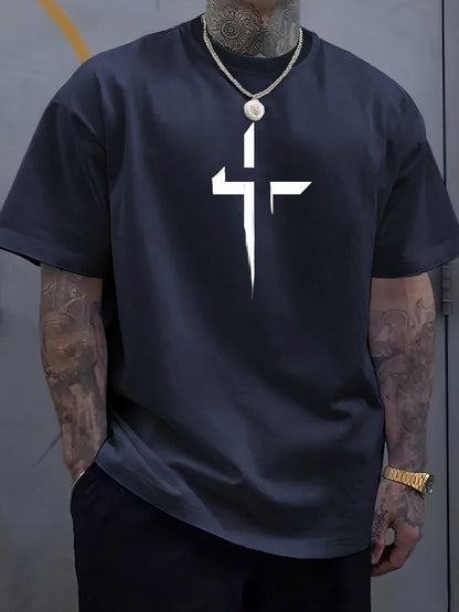 Cross Creative Printed Men's Casual T-shirt, Summer Fashionable Round Neck Short Sleeved Top, Men's Modern Street Style
