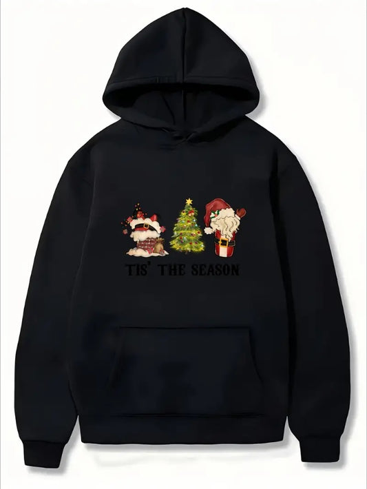 Women'S Christmas Print Hoodie - Casual  Pullover With Pockets, Regular Fit, Long Sleeve, Knit Fabric, Fall Winter Season Hooded Sweatshirt