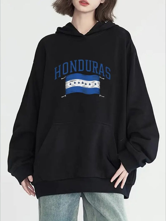 Honduras Graphic Print Hoodie For Women  Casual Pullover With Hooded Neck, Long Sleeves, And Front Pocket - Solid Color Hooded Sweatshirt For All Seasons