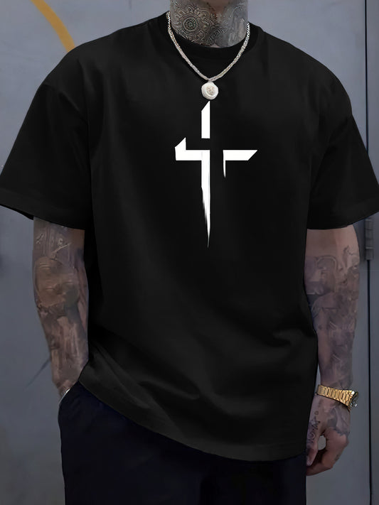 Cross Creative Printed Men's Casual T-shirt, Summer Fashionable Round Neck Short Sleeved Top, Men's Modern Street Style