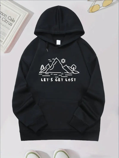 Women'S Casual Hooded Pullover Sweatshirt, Slight Stretch, Mountain Print, With Kangaroo Pocket, For All-Season Active Hoodie