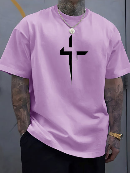 Cross Creative Printed Men's Casual T-shirt, Summer Fashionable Round Neck Short Sleeved Top, Men's Modern Street Style