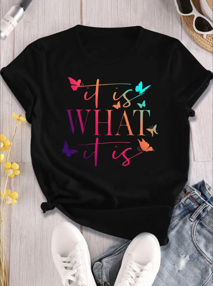 Alphabet Butterfly Gradient Print T-Shirt For Women - Casual, All-Season Knit Fabric, Short Sleeve, Round Neck, Regular Fit, H-Shape, Pullover Style, No Bra Pad