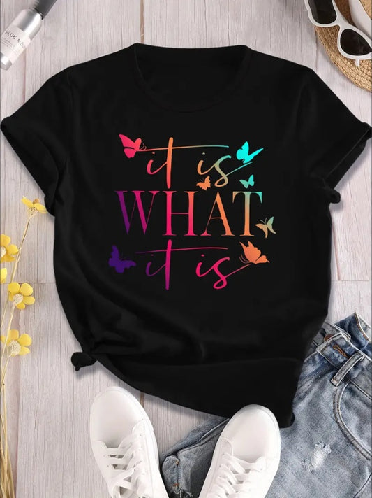 Alphabet Butterfly Gradient Print T-Shirt For Women - Casual, All-Season Knit Fabric, Short Sleeve, Round Neck, Regular Fit, H-Shape, Pullover Style, No Bra Pad