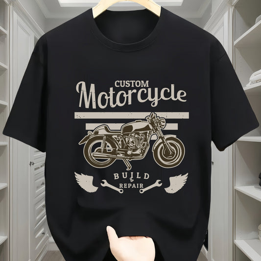 Casual Round Neck T-shirt With Motorcycle Pattern, Geometric Pattern, Short Sleeved Knitted Fabric, Comfortable All Season Wear, Regular Teenage Style - Motorcycle Letter Print Design