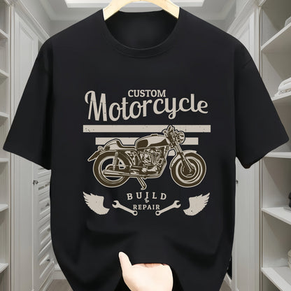 Casual Round Neck T-shirt With Motorcycle Pattern, Geometric Pattern, Short Sleeved Knitted Fabric, Comfortable All Season Wear, Regular Teenage Style - Motorcycle Letter Print Design