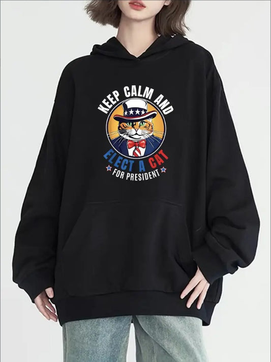 Women's Casual Hoodie With Cool Cat Print - Long Sleeve, Round Neck With Pockets, Cozy Pullover For Fall & Winter