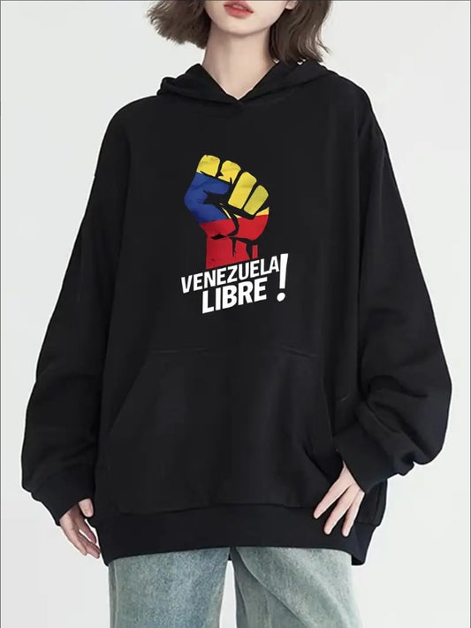 Venezuela Freedom Print Casual Hoodie With Kangaroo Pocket - Cozy Long Sleeve Pullover For Women, Perfect For Fall & Winter Outdoor Activities